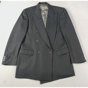 Vintage Man In Wool Suit Jacket Mens 46R Black Double‎ Breasted Wool USA 80s